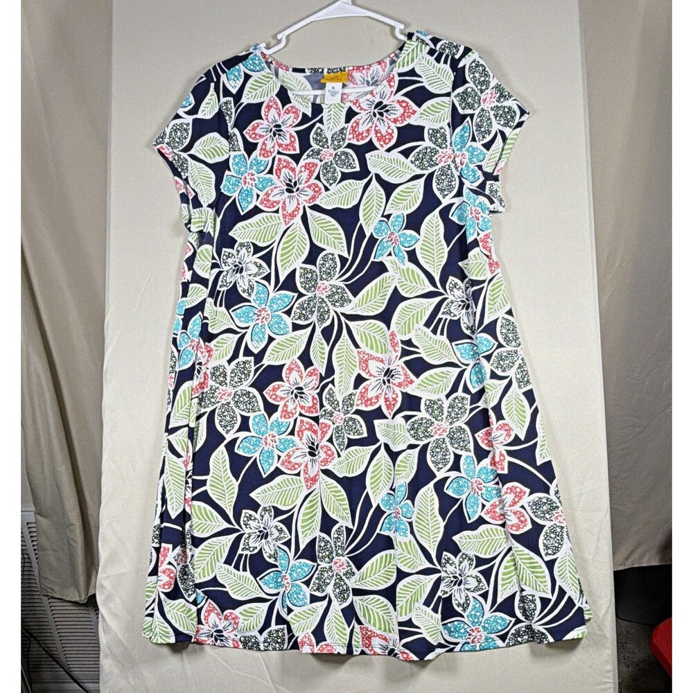 Ruby Rd Women’s XL Floral Midi Shift Dress Short Sleeve Stretch Navy Blue